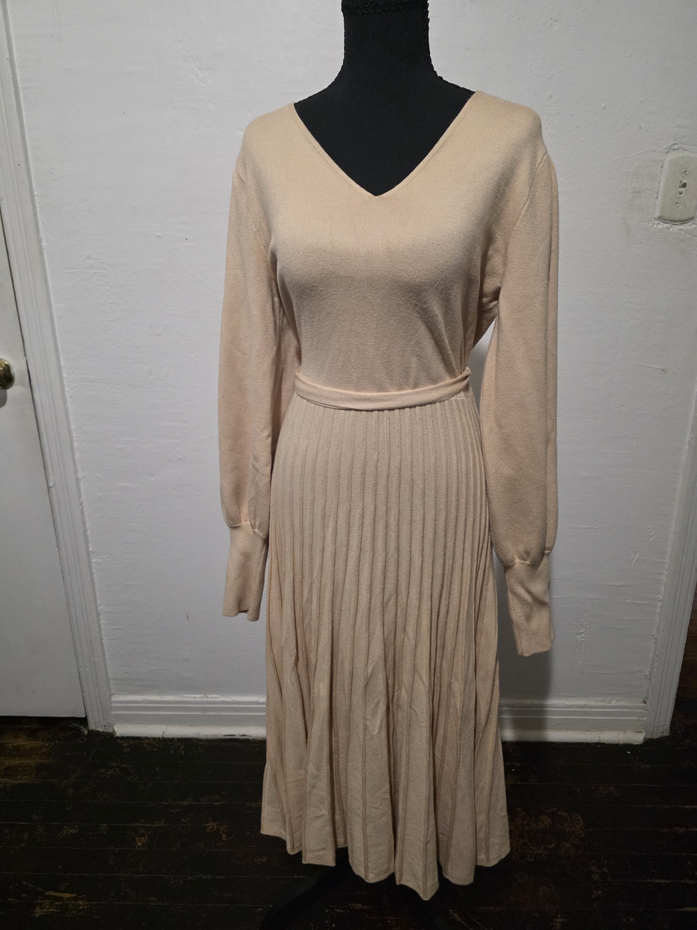 V-Neck Long Sleeve Pleated Midi Dress in Light Beige